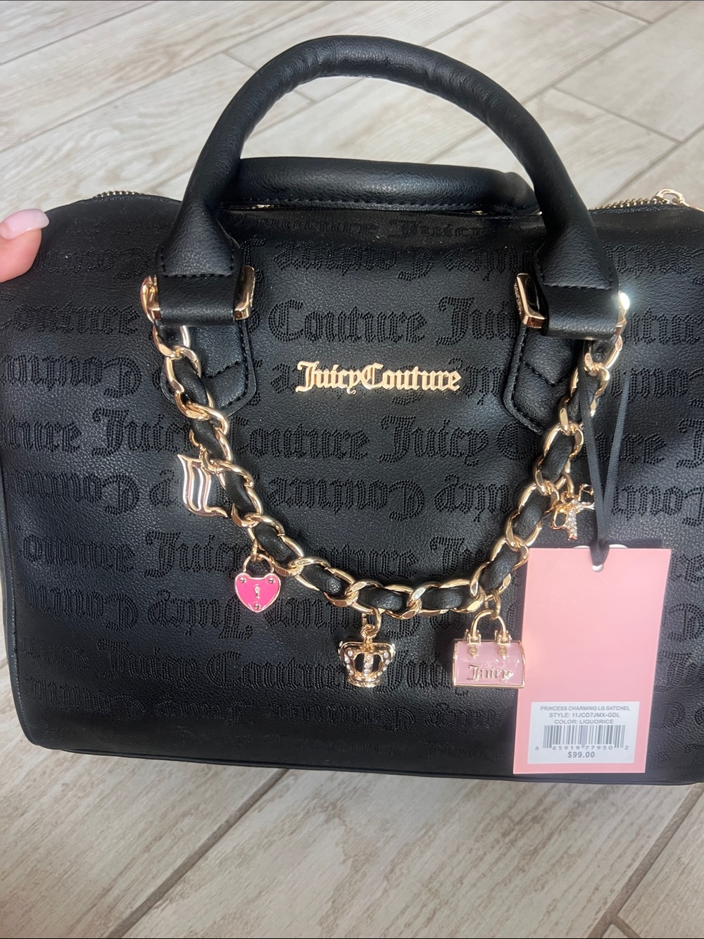 Juicy Couture Black Satchel with Gold Chain and Pink Charms